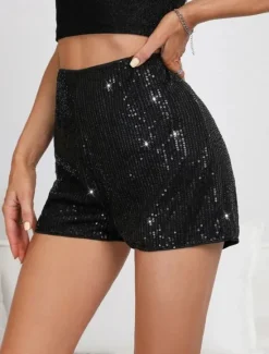 Women's Shorts Casual Daily Short Plain Sequins Breathability Comfortable Micro-elastic Club Weekend Black White Gold Rose Red Summer Regular Fit Women Shorts