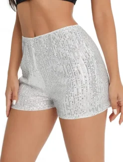 Women's Shorts Casual Daily Short Plain Sequins Breathability Comfortable Micro-elastic Club Weekend Black White Gold Rose Red Summer Regular Fit Women Shorts