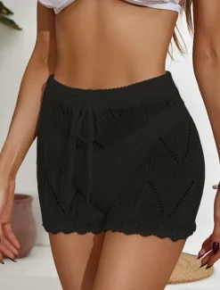 Online Women's Shorts Casual Short Plain Drawstring Cut Out Crochet Breathability Comfortable Micro-elastic Beach Weekend Black White Khaki Summer Regular Fit Women Shorts