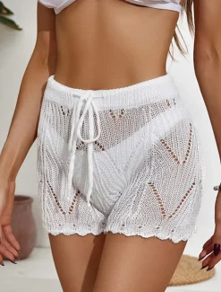 Online Women's Shorts Casual Short Plain Drawstring Cut Out Crochet Breathability Comfortable Micro-elastic Beach Weekend Black White Khaki Summer Regular Fit Women Shorts