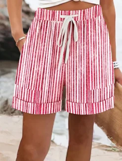 Online Women's Shorts Chinos Vacation Basic Casual Short Mid Waist Striped Elastic Waist Vacation Street Causal Ash Violet Robin's Egg Blue Red Summer Spring Regular Fit Women Shorts