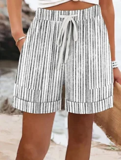 Online Women's Shorts Chinos Vacation Basic Casual Short Mid Waist Striped Elastic Waist Vacation Street Causal Ash Violet Robin's Egg Blue Red Summer Spring Regular Fit Women Shorts