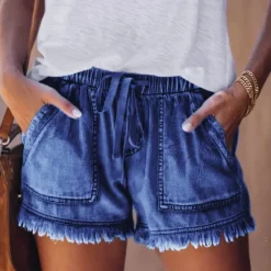 Women's Shorts Denim Elastic Waist Drawstring Frayed Hem Casual Summer Blue Regular Fit Beach Leisure Clothing Apparel Women Shorts|Jeans