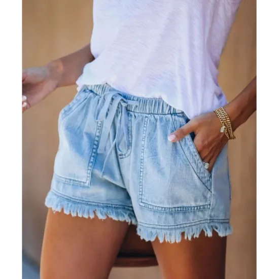 Women's Shorts Denim Elastic Waist Drawstring Frayed Hem Casual Summer Blue Regular Fit Beach Leisure Clothing Apparel Women Shorts|Jeans