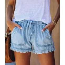 Women's Shorts Denim Elastic Waist Drawstring Frayed Hem Casual Summer Blue Regular Fit Beach Leisure Clothing Apparel Women Shorts|Jeans