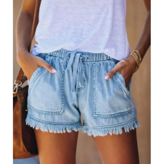Women's Shorts Denim Elastic Waist Drawstring Frayed Hem Casual Summer Blue Regular Fit Beach Leisure Clothing Apparel Women Shorts|Jeans
