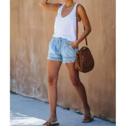 Women's Shorts Denim Elastic Waist Drawstring Frayed Hem Casual Summer Blue Regular Fit Beach Leisure Clothing Apparel Women Shorts|Jeans