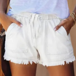 Women's Shorts Denim Elastic Waist Drawstring Frayed Hem Casual Summer Blue Regular Fit Beach Leisure Clothing Apparel Women Shorts|Jeans