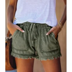 Women's Shorts Denim Elastic Waist Drawstring Frayed Hem Casual Summer Blue Regular Fit Beach Leisure Clothing Apparel Women Shorts|Jeans