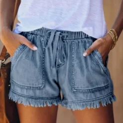Women's Shorts Denim Elastic Waist Drawstring Frayed Hem Casual Summer Blue Regular Fit Beach Leisure Clothing Apparel Women Shorts|Jeans