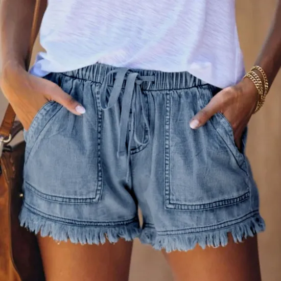 Women's Shorts Denim Elastic Waist Drawstring Frayed Hem Casual Summer Blue Regular Fit Beach Leisure Clothing Apparel Women Shorts|Jeans