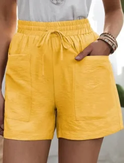 Best Women's Shorts Slacks Active Simple Casual Short High Waist Plain Pocket Drawstring Elastic Waist Breathability Soft Comfortable Micro-elastic Vacation Casual Daily Weekend Black White Yellow Pink Women Shorts