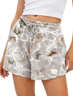 Outlet Women's Shorts Slacks Casual Short Natural Leaf Printing Elastic Drawstring Design Comfy Outdoor Outdoor Vacation Daily Black Grey Apricot Black Yellow Summer Regular Fit Women Shorts
