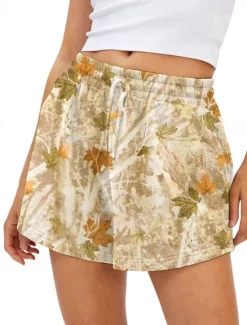 Outlet Women's Shorts Slacks Casual Short Natural Leaf Printing Elastic Drawstring Design Comfy Outdoor Outdoor Vacation Daily Black Grey Apricot Black Yellow Summer Regular Fit Women Shorts