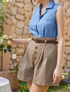 New Women's Shorts Slacks Fashion Short Natural Plain Pocket Buckle Outdoor Comfortable Holiday Going out Apricot Black White Ginger Summer Regular Fit Women Shorts