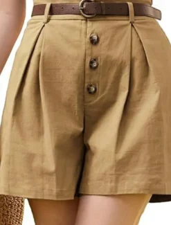 New Women's Shorts Slacks Fashion Short Natural Plain Pocket Buckle Outdoor Comfortable Holiday Going out Apricot Black White Ginger Summer Regular Fit Women Shorts