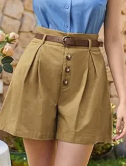 New Women's Shorts Slacks Fashion Short Natural Plain Pocket Buckle Outdoor Comfortable Holiday Going out Apricot Black White Ginger Summer Regular Fit Women Shorts