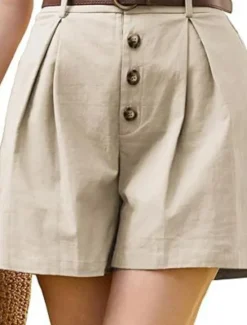 New Women's Shorts Slacks Fashion Short Natural Plain Pocket Buckle Outdoor Comfortable Holiday Going out Apricot Black White Ginger Summer Regular Fit Women Shorts