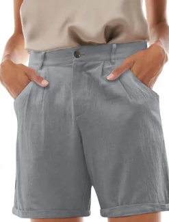 Outlet Women's Shorts Slacks Streetwear Stylish Short Natural Plain Pocket Buckle Comfy Outdoor Comfortable Street Daily Wear Going out Grey Navy Black White Summer Regular Fit Women Shorts