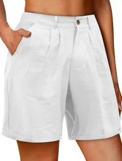 Outlet Women's Shorts Slacks Streetwear Stylish Short Natural Plain Pocket Buckle Comfy Outdoor Comfortable Street Daily Wear Going out Grey Navy Black White Summer Regular Fit Women Shorts