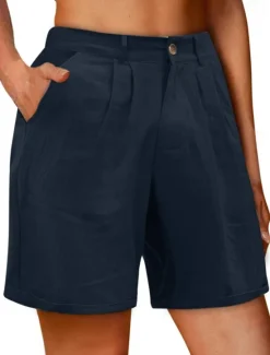 Outlet Women's Shorts Slacks Streetwear Stylish Short Natural Plain Pocket Buckle Comfy Outdoor Comfortable Street Daily Wear Going out Grey Navy Black White Summer Regular Fit Women Shorts