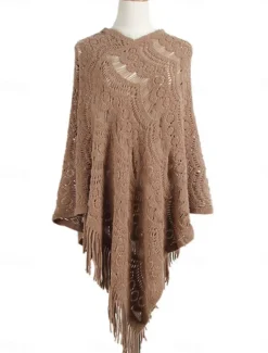 Discount Women's Shrug Casual Soft Pure Color Crochet V Neck Hollow Out Tassel Knitted Long Sleeve Regular Tops Knit Outdoor Daily Weekend White Khaki Fall Winter Women Shrugs & Capes