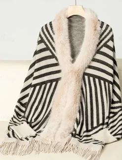 Clearance Women's Shrug Casual Soft Striped Ribbed Crew Neck Knitted Faux Fur Trim Long Sleeve Regular Tops Knit Outdoor Daily Weekend Wine Apricot Fall Winter Women Shrugs & Capes