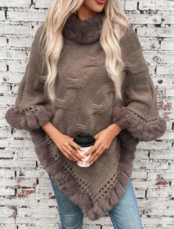 Hot Women's Shrug Casual Soft Pure Color Ribbed Turtleneck Knitted Long Sleeve Regular Tops Knit Outdoor Daily Weekend Fuchsia Apricot Fall Winter Women Shrugs & Capes