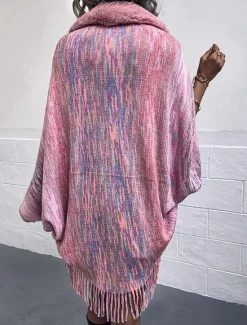 Hot Women's Shrug Casual Soft Rainbow Ribbed Open Front Tassel Knitted Faux Fur Trim Long Sleeve Regular Tops Knit Outdoor Daily Weekend Pink Apricot Fall Winter Women Shrugs & Capes