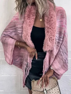 Hot Women's Shrug Casual Soft Rainbow Ribbed Open Front Tassel Knitted Faux Fur Trim Long Sleeve Regular Tops Knit Outdoor Daily Weekend Pink Apricot Fall Winter Women Shrugs & Capes