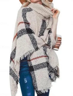 Hot Women's Shrug Casual Soft Plaid Ribbed Turtleneck Tassel Knitted Long Sleeve Regular Tops Knit Outdoor Daily Weekend White Red Fall Winter Women Shrugs & Capes|Cardigans & Outerwears