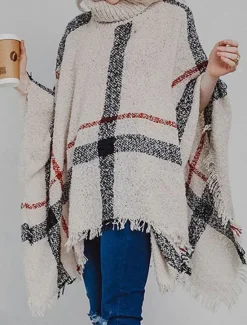 Hot Women's Shrug Casual Soft Plaid Ribbed Turtleneck Tassel Knitted Long Sleeve Regular Tops Knit Outdoor Daily Weekend White Red Fall Winter Women Shrugs & Capes|Cardigans & Outerwears