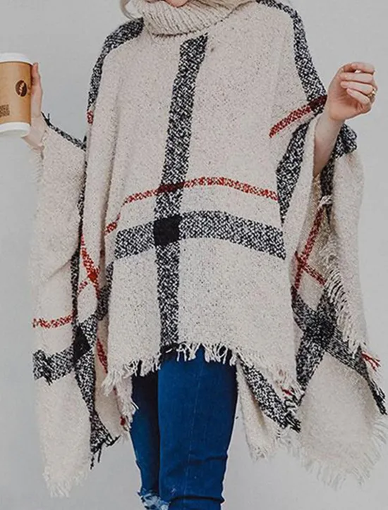 Hot Women's Shrug Casual Soft Plaid Ribbed Turtleneck Tassel Knitted Long Sleeve Regular Tops Knit Outdoor Daily Weekend White Red Fall Winter Women Shrugs & Capes|Cardigans & Outerwears