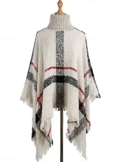 Hot Women's Shrug Casual Soft Plaid Ribbed Turtleneck Tassel Knitted Long Sleeve Regular Tops Knit Outdoor Daily Weekend White Red Fall Winter Women Shrugs & Capes|Cardigans & Outerwears