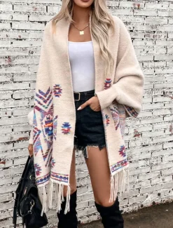 Best Women's Shrug Fashion Daily Geometric Open Front Print Long Sleeve Long Tops Knit Formal Work Weekend Black Khaki Fall Winter Women Shrugs & Capes|Cardigans & Outerwears