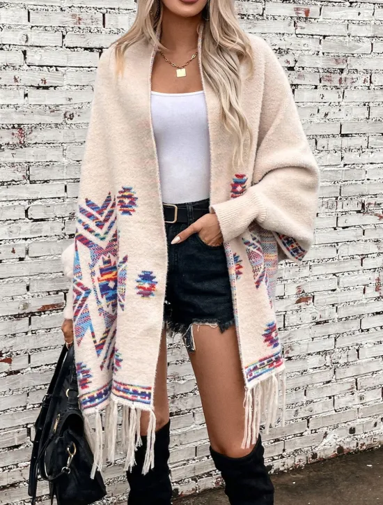 Best Women's Shrug Fashion Daily Geometric Open Front Print Long Sleeve Long Tops Knit Formal Work Weekend Black Khaki Fall Winter Women Shrugs & Capes|Cardigans & Outerwears