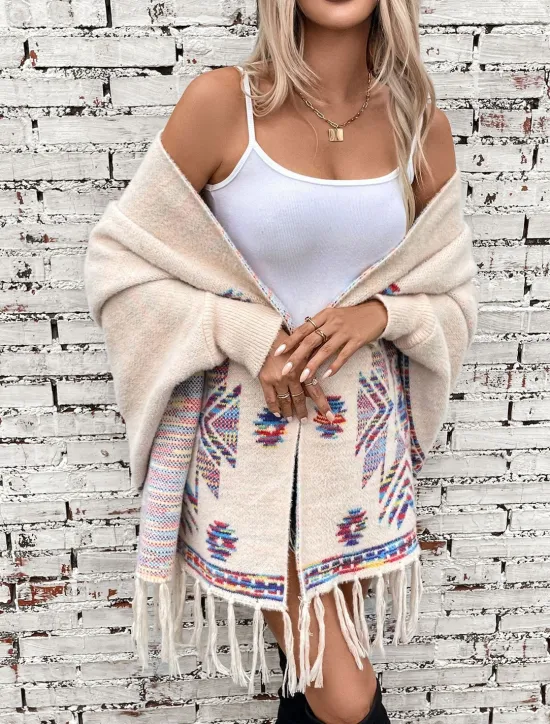 Best Women's Shrug Fashion Daily Geometric Open Front Print Long Sleeve Long Tops Knit Formal Work Weekend Black Khaki Fall Winter Women Shrugs & Capes|Cardigans & Outerwears