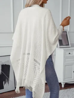 Discount Women's Shrug Stylish Casual Solid Color Ribbed Open Front Tassel Knitted Sleeveless Regular Tops Knit Outdoor Daily Khaki Fall Winter Women Shrugs & Capes|Cardigans & Outerwears