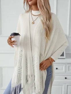 Discount Women's Shrug Stylish Casual Solid Color Ribbed Open Front Tassel Knitted Sleeveless Regular Tops Knit Outdoor Daily Khaki Fall Winter Women Shrugs & Capes|Cardigans & Outerwears