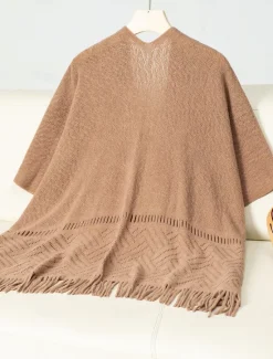 Discount Women's Shrug Stylish Casual Solid Color Ribbed Open Front Tassel Knitted Sleeveless Regular Tops Knit Outdoor Daily Khaki Fall Winter Women Shrugs & Capes|Cardigans & Outerwears