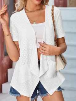 Sale Women's Shrugs Solid Color Stylish Casual Short Sleeve Shirt Collar Regular Tops Daily Pocket Black White Yellow Pink Summer Women Blouses & Shirts