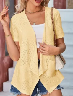 Sale Women's Shrugs Solid Color Stylish Casual Short Sleeve Shirt Collar Regular Tops Daily Pocket Black White Yellow Pink Summer Women Blouses & Shirts