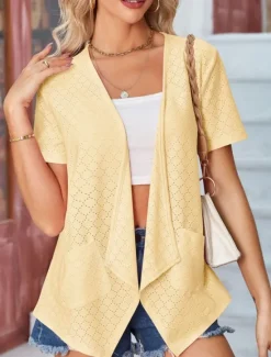 Sale Women's Shrugs Solid Color Stylish Casual Short Sleeve Shirt Collar Regular Tops Daily Pocket Black White Yellow Pink Summer Women Blouses & Shirts