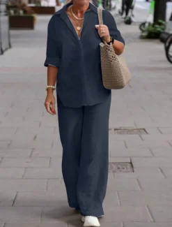 Clearance Women's Simple Casual Comfort Shirt Cotton Linen Sets Two Piece Sets Long Sleeve Long Pant Lapel Pure Color Buttons Home Street Daily Black Pink Blue Summer Women Sets