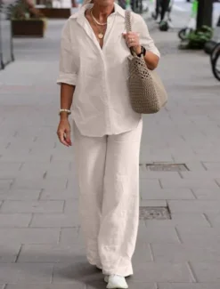 Clearance Women's Simple Casual Comfort Shirt Cotton Linen Sets Two Piece Sets Long Sleeve Long Pant Lapel Pure Color Buttons Home Street Daily Black Pink Blue Summer Women Sets