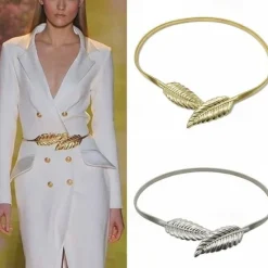 Online Women's Skinny Belt Nylon Metal Bucke Leaf Decor Classic Wedding Party Golden 2# leaves 2# leaves Gold Women Belt