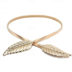 Online Women's Skinny Belt Nylon Metal Bucke Leaf Decor Classic Wedding Party Golden 2# leaves 2# leaves Gold Women Belt