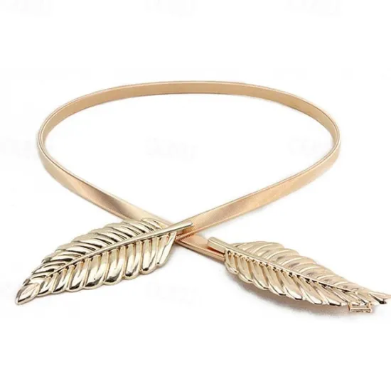 Online Women's Skinny Belt Nylon Metal Bucke Leaf Decor Classic Wedding Party Golden 2# leaves 2# leaves Gold Women Belt