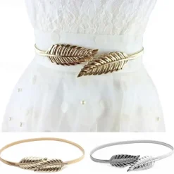 Online Women's Skinny Belt Nylon Metal Bucke Leaf Decor Classic Wedding Party Golden 2# leaves 2# leaves Gold Women Belt