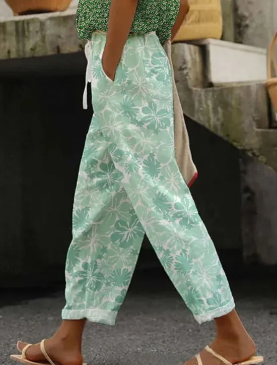 Sale Women's Skinny Elegant Vacation Vintage Full Length High Waist Floral Graphic Printing Breathable Soft Micro-elastic Formal Outdoor Vacation White Blue Purple Green Summer Spring Regular Fit Women Pants